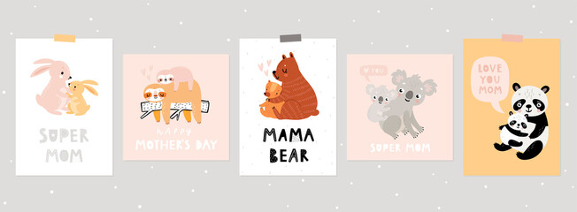 Mother's Day hand drawn style cards. posters with cute animal characters - mother and baby - panda, bear, koala, sloth, penguin and rabbit.