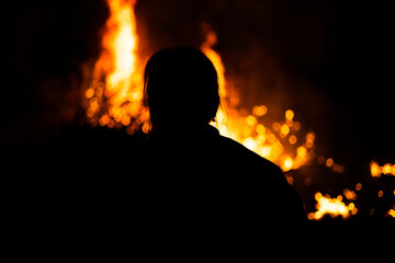 big fire in the forest at night