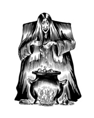 The old witch conjures and brews a potion in a cauldron. Ancient mythical Magic character. Engraved monochrome sketch. Hand drawn vintage Fortune illustration.