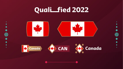 Set of canada flag and text on 2022 football tournament background. Vector illustration Football Pattern for banner, card, website. national flag canada Qatar cup. world 2022