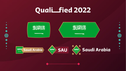 Set of saudi arabia flag and text on 2022 football tournament background. Vector illustration Football Pattern for banner, card, website. national flag saudi arabia Qatar cup. world 2022