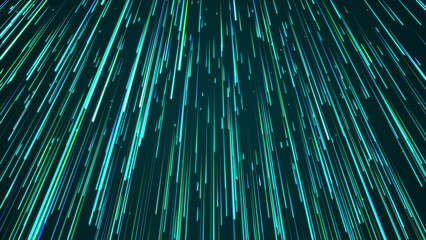 Obraz premium Green hyper jump. Digital hyperspace with stars explosion. Abstract futuristic speed background. Dynamic motion lines on blue backdrop. 3D rendering.