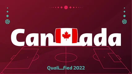 Foto op Plexiglas canada flag and text on 2022 football tournament background. Vector illustration Football Pattern for banner, card, website. national flag canada Qatar cup. world 2022 © lunarts_studio