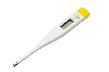 Electronic thermometer of white-yellow color on a white background. Isolated.
