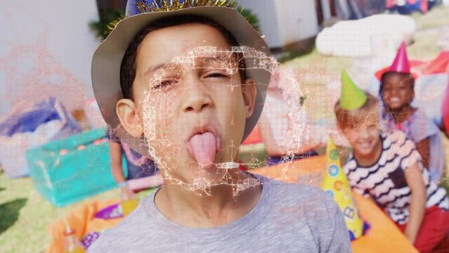 Animation of digital brain over diverse children at birthday party