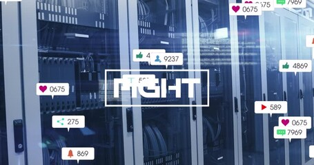 Animation of fight text and numbers growing over server room - Powered by Adobe