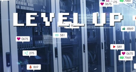 Animation of level up text and social media icons and numbers over computer servers - Powered by Adobe