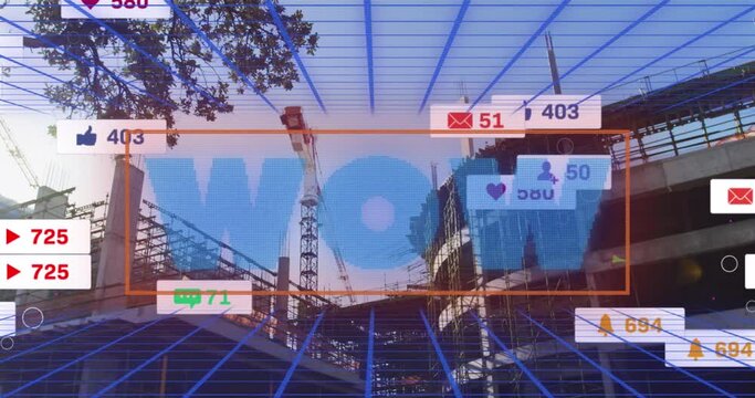 Animation of wow text and numbers growing over cityscape