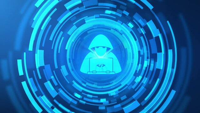 Animation of business man hand hologram hud projection scam cryptocurrency icon. IT Professional Programmer man icon is typing code. Developer work at computer. Hacker hacking Attack on Data Servers.