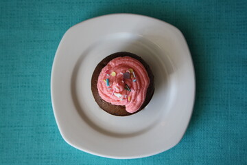 A small shaped cupcake with pink cream and sprinkles on a white plate.
