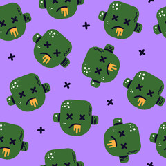 Cute zombie seamless pattern. Print with green heads isolated on purple backdrop. Endless vector illustration for Halloween, fabric, wrapping paper, backgrounds. Cartoon flat style