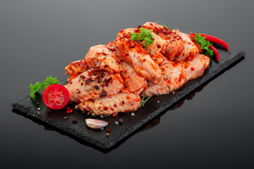 Сhicken wings in marinade on a black plate