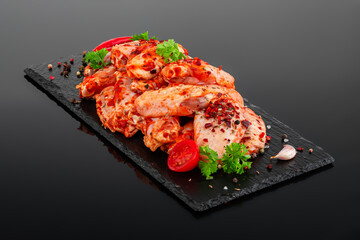 Сhicken wings in marinade on a black plate