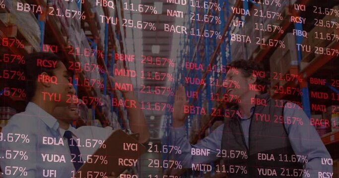 Animation of stock market over diverse business people in warehouse