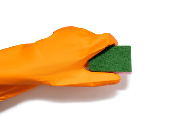 Orange rubber glove and rough textured washcloth isolated on white background. Cleaning the room with the help of tools in the form of a rubber glove and a washcloth for washing