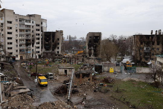 Zona habitacional donde vivian cientos de personas destruida por un misil ruso en Bodoryanca Ucrania.  