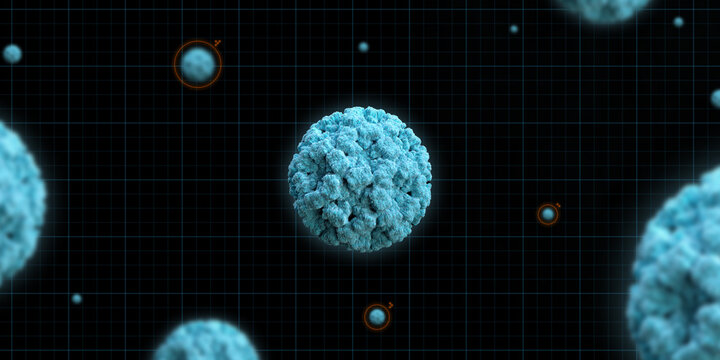 Biomedical analysis scientific screen design with visible virus cells under microscope