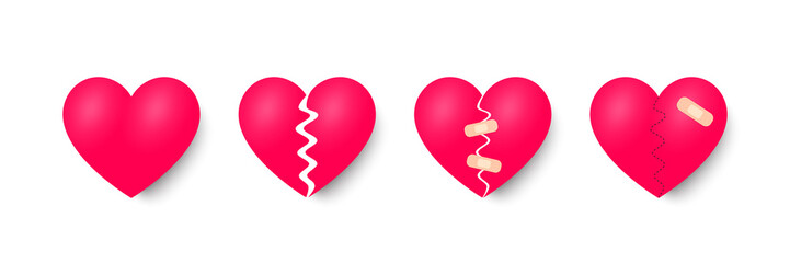 Broken hearts set of 3d realistic icons. Heartbreak with bandage. Pain, broken love heart or divorce icons. Heal relationship, loneliness hurts and healthy love. Red heart with plaster. Vector - obrazy, fototapety, plakaty