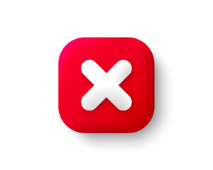 Cancel red 3d icon. Delete sign, close symbol, wrong and reject button. No or deny icon isolated white background. Cancel mobile app 3d button. Reject checkbox element. Vector - obrazy, fototapety, plakaty