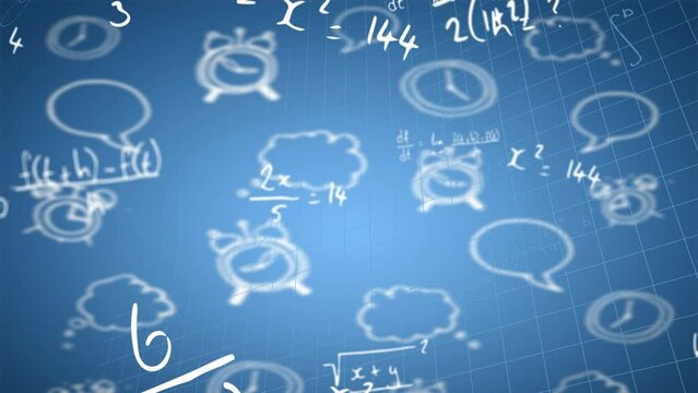 Animation of mathematical equations over school icons on blue background
