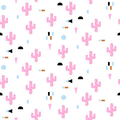 Seamless cactus pattern childish fabric print. White and pink girl background.