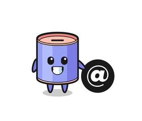 Cartoon Illustration of cylinder piggy bank standing beside the At symbol