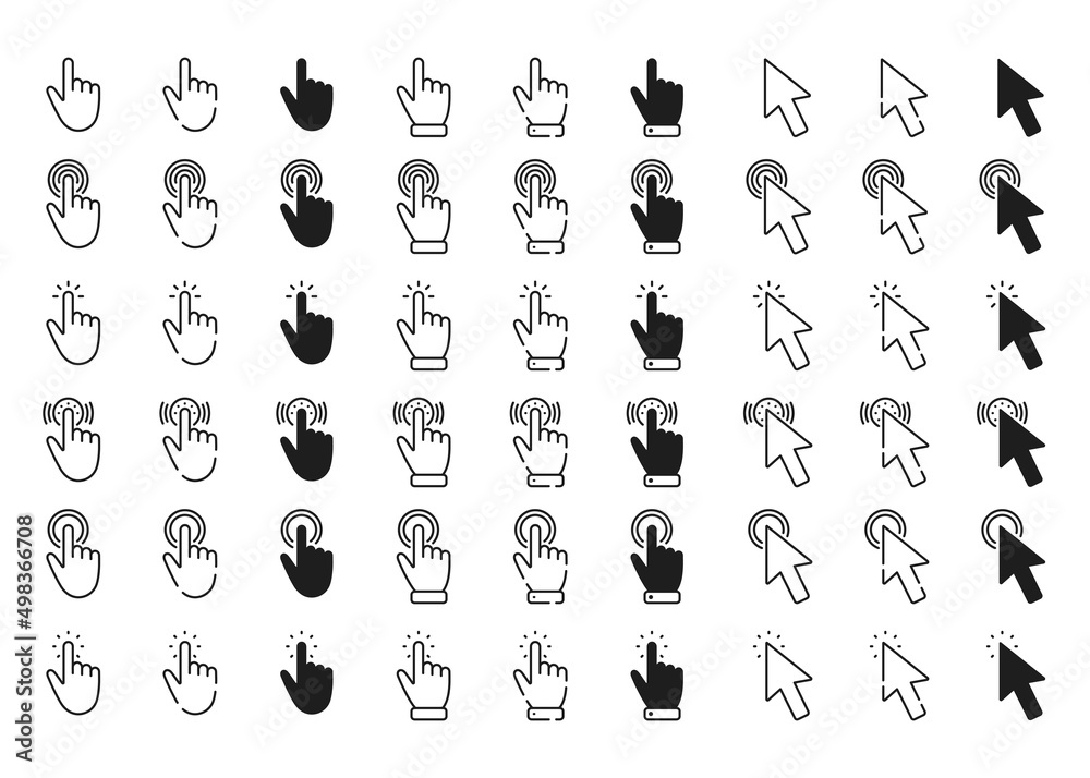  hand and cursor pointer line icons. clicking finger. cursor arrow icon. computer mouse click. websit