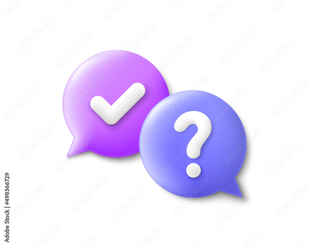 Poster quiz 3d speech bubble. question mark with check sign. ask help, question and answer bubble. support 
