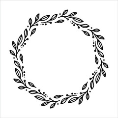 Vector hand drawn spring wreath isolated on white background. Outline circle of leaves. Doodle style. Floral frame. Family monogram.