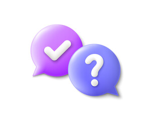 Quiz 3d speech bubble. Question mark with check sign. Ask help, Question and Answer bubble. Support dialogue 3d banner. Information tag shape, think speech bubbles. Quiz answer label. Vector