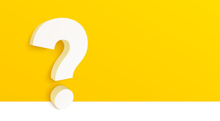 3d question mark on yellow background. Ask help information icon. Faq or Quiz big symbol. Doubt, inquiry background. Banner with big 3d question mark. Help desk concept. Vector