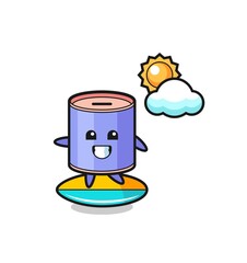 Illustration of cylinder piggy bank cartoon do surfing on the beach