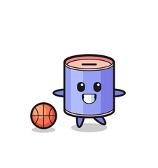 Illustration of cylinder piggy bank cartoon is playing basketball