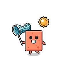 brick mascot illustration is catching butterfly