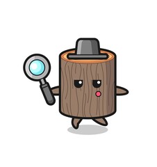 tree stump cartoon character searching with a magnifying glass
