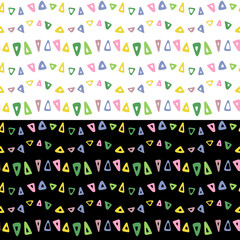 Triangle cute geometric shapes seamless pattern. Hand drawn ink brush strokes, isolated elements, cartoon baby illustration, rainbow multi-colored palette. White, black editable background. Vector