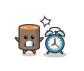 Cartoon Illustration of tree stump is surprised with a giant alarm clock