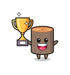 Cartoon Illustration of tree stump is happy holding up the golden trophy
