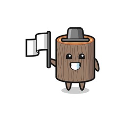 Cartoon character of tree stump holding a flag