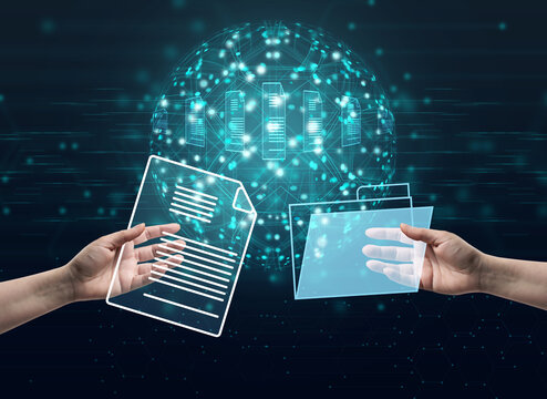 hand holds virtual file and folder. The concept of rapid information exchange, paperless technology. Global business without bureaucracy