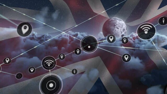 Animation of network of connection and icons over uk flag and cloudy sky