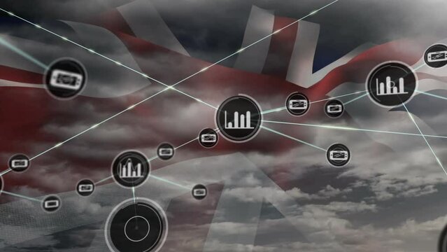 Animation of network of connection and icons over uk flag and cloudy sky