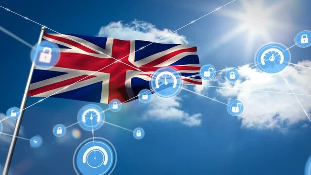 Animation of network of connection and icons over uk flag and cloudy sky