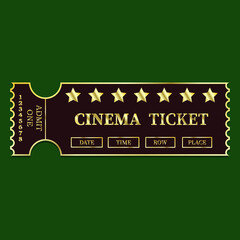 A burgundy movie ticket with a golden gradient. Isolated ticket on a green background. Simple composition. Ticket template.