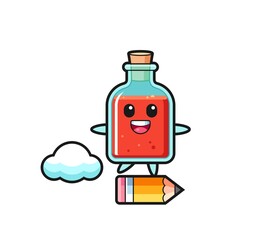Obraz premium square poison bottle mascot illustration riding on a giant pencil