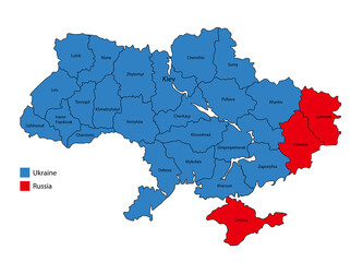 map of Ukraine, and regions of the Donetsk People's Republic, Luhansk People's Republic and Crimea annexed to Russia