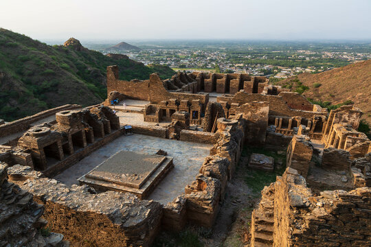 Panoramic view of Mardan Takht-i-Bahi Throne of the Water Spring View of the Buddhist Monastery at sunset. Pakistan