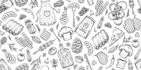 BBQ Seamless Pattern. Barbecue background, sketch style with grill vector food. Meat steak, beef kebab, fish, sausage, rib, sauce. Barbeque doodle hand drawn illustration. Vintage BBQ Restaurant menu - obrazy, fototapety, plakaty
