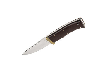 Modern hunting knife with silver blade and rubber handle. Steel arms. Isolate on a white back