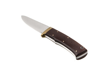 Modern hunting knife with silver blade and rubber handle. Steel arms. Isolate on a white back